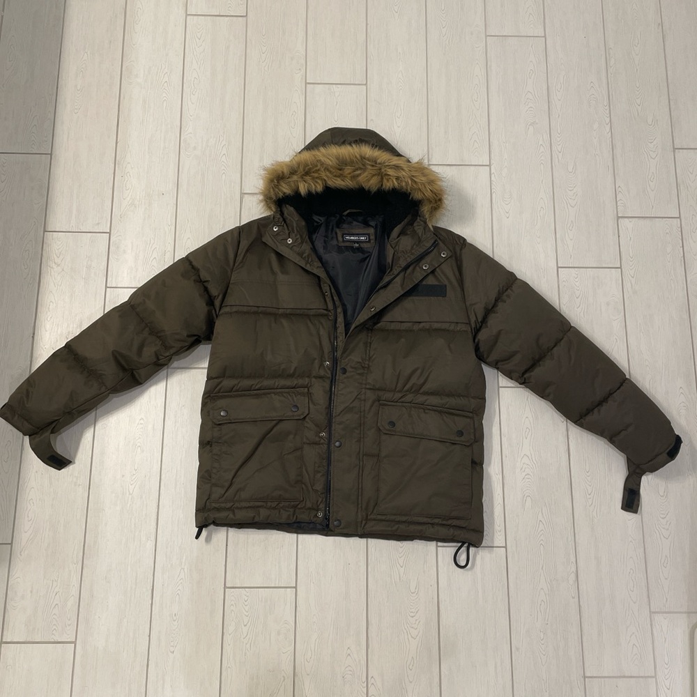 Men's Members Only Olive Puffer Jacket with Faux Fur Hood